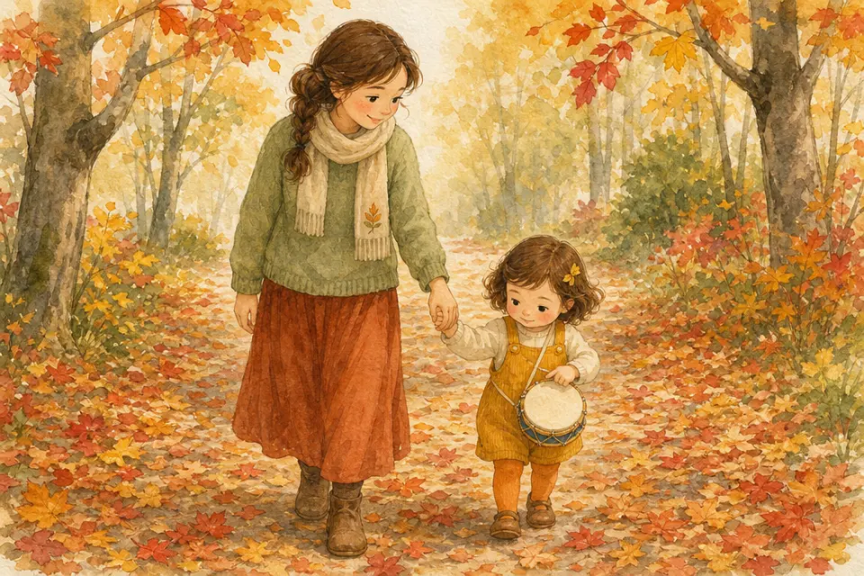Nina cammina con la mamma lungo un sentiero nel bosco autunnale